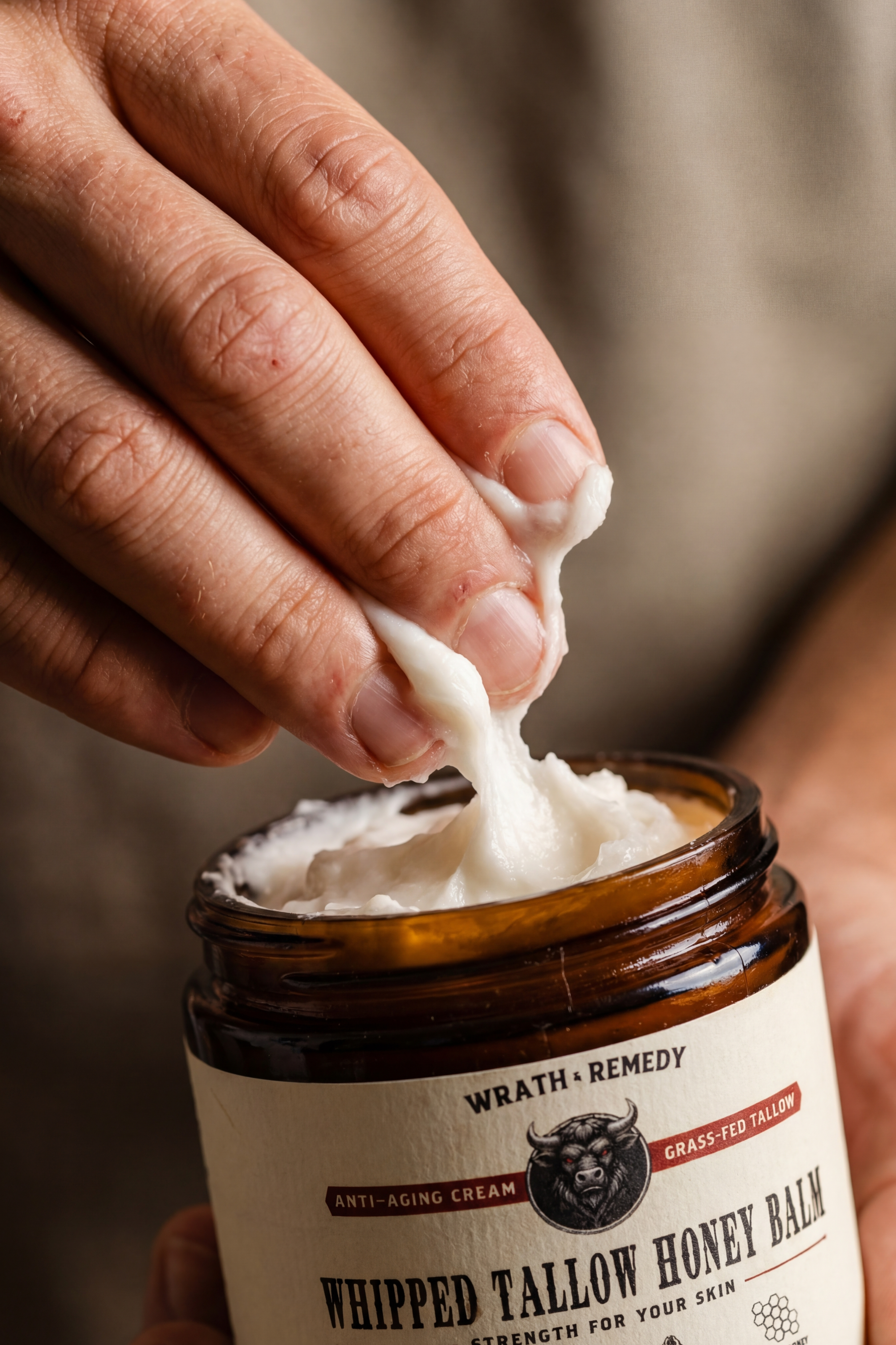 Hand squeezing whipped tallow honey balm from a jar labeled &