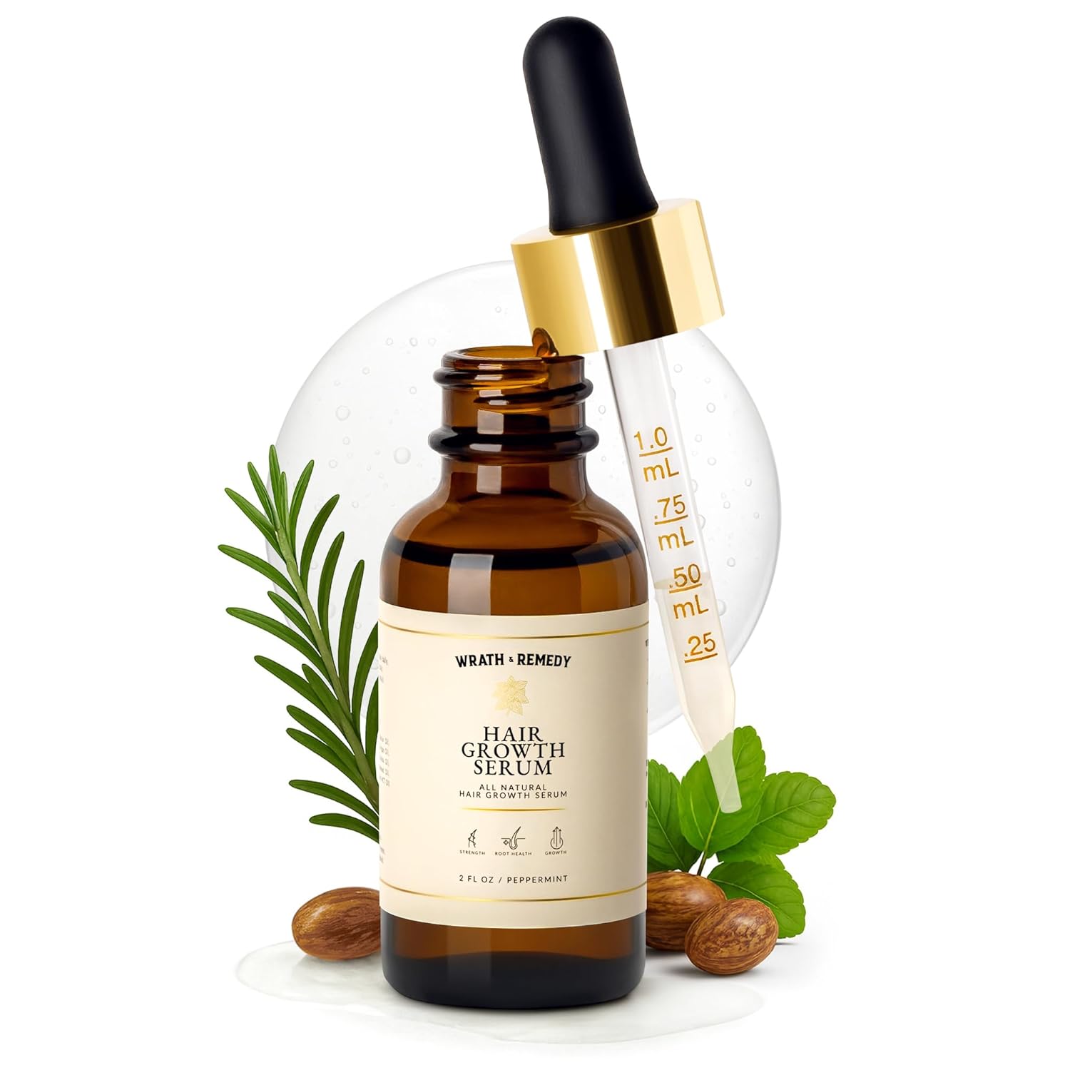 Amber dropper bottle of Wrath & Remedy Hair Growth Serum in Peppermint with rosemary, mint leaves, and jojoba seeds on white