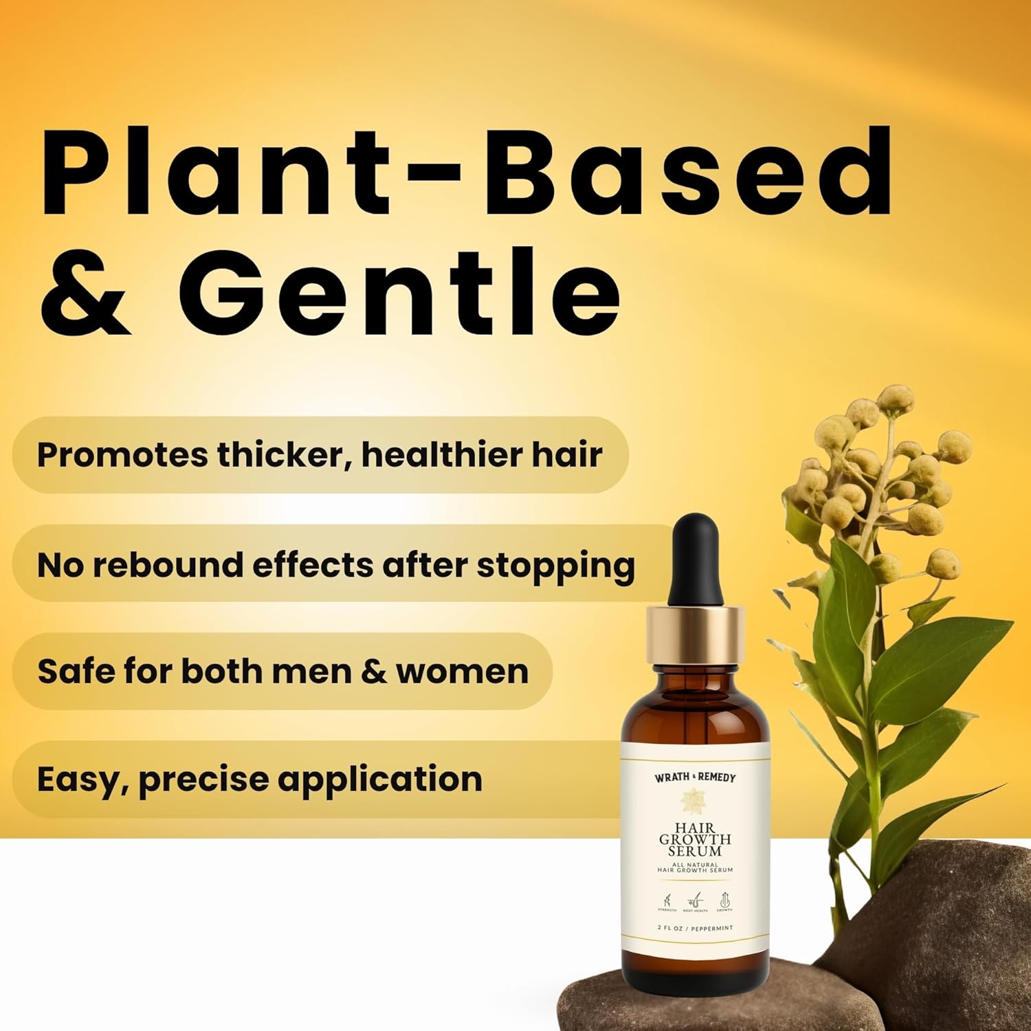 Infographic on the plant-based, gentle serum - thicker hair, no rebound, safe for men and women - with the bottle on stones