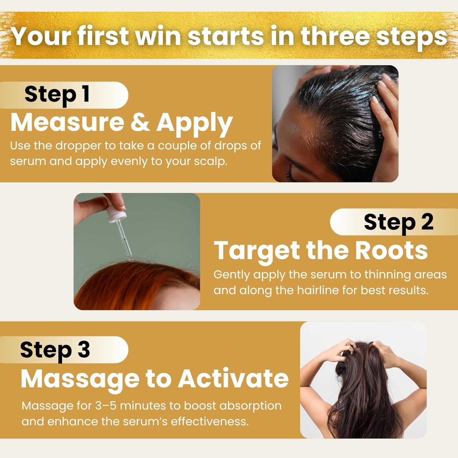 Three-step application guide - measure and apply, target the roots, massage to activate - with photos of someone applying serum