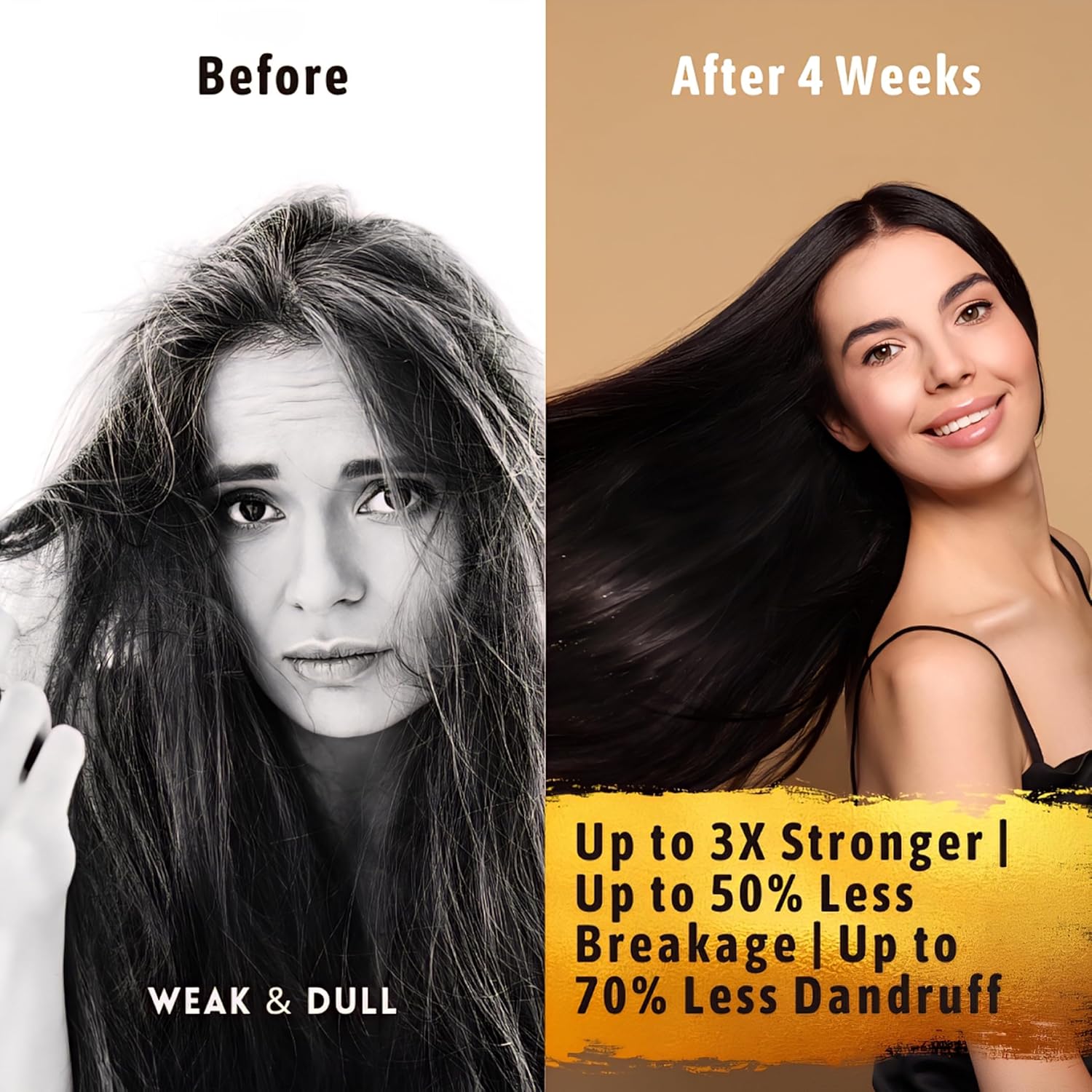 Before-and-after hair comparison after four weeks, noting up to 3x stronger, 50% less breakage, and 70% less dandruff