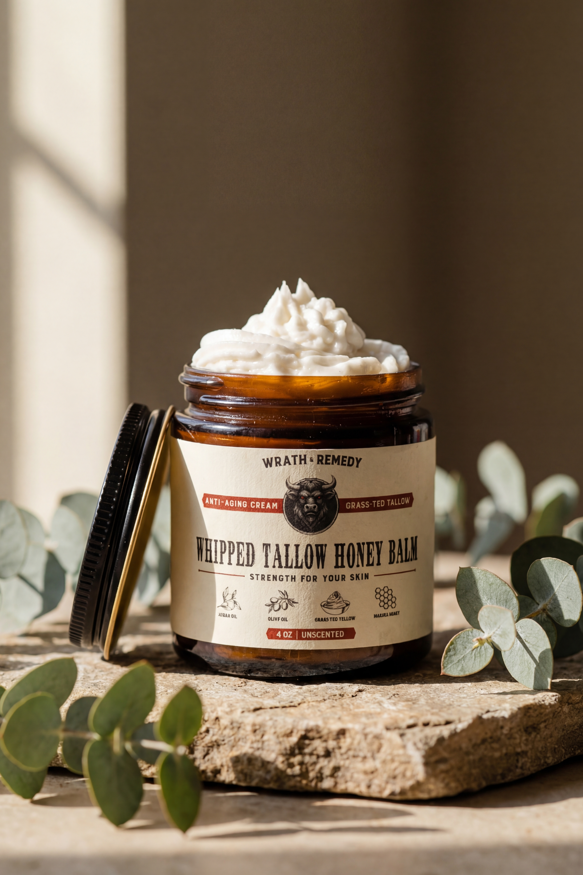 Jar of Whipped Tallow Honey Balm with whipped cream on top, surrounded by eucalyptus leaves.