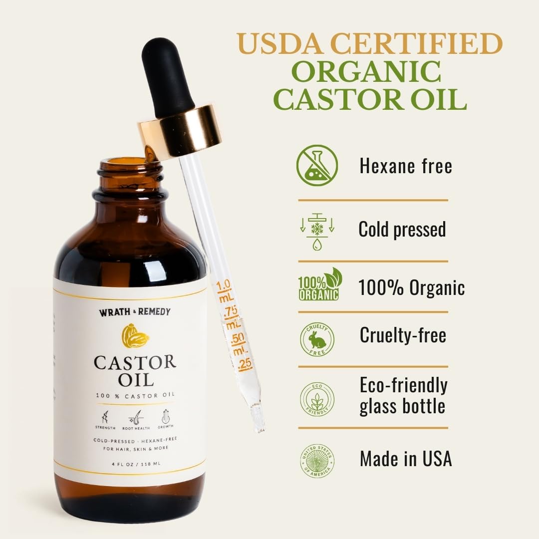 Castor oil bottle and dropper with features: hexane free, cold pressed, 100% organic, cruelty-free, eco-friendly glass, made in USA