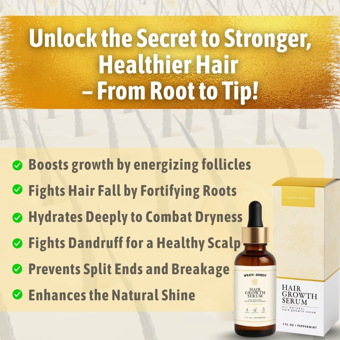 Infographic of serum benefits - energizing follicles, fighting hair fall, hydrating, and reducing breakage - with the bottle and box