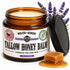 Open 2 oz jar of the balm in Lavender with a cream label, fresh lavender sprigs, and honeycomb