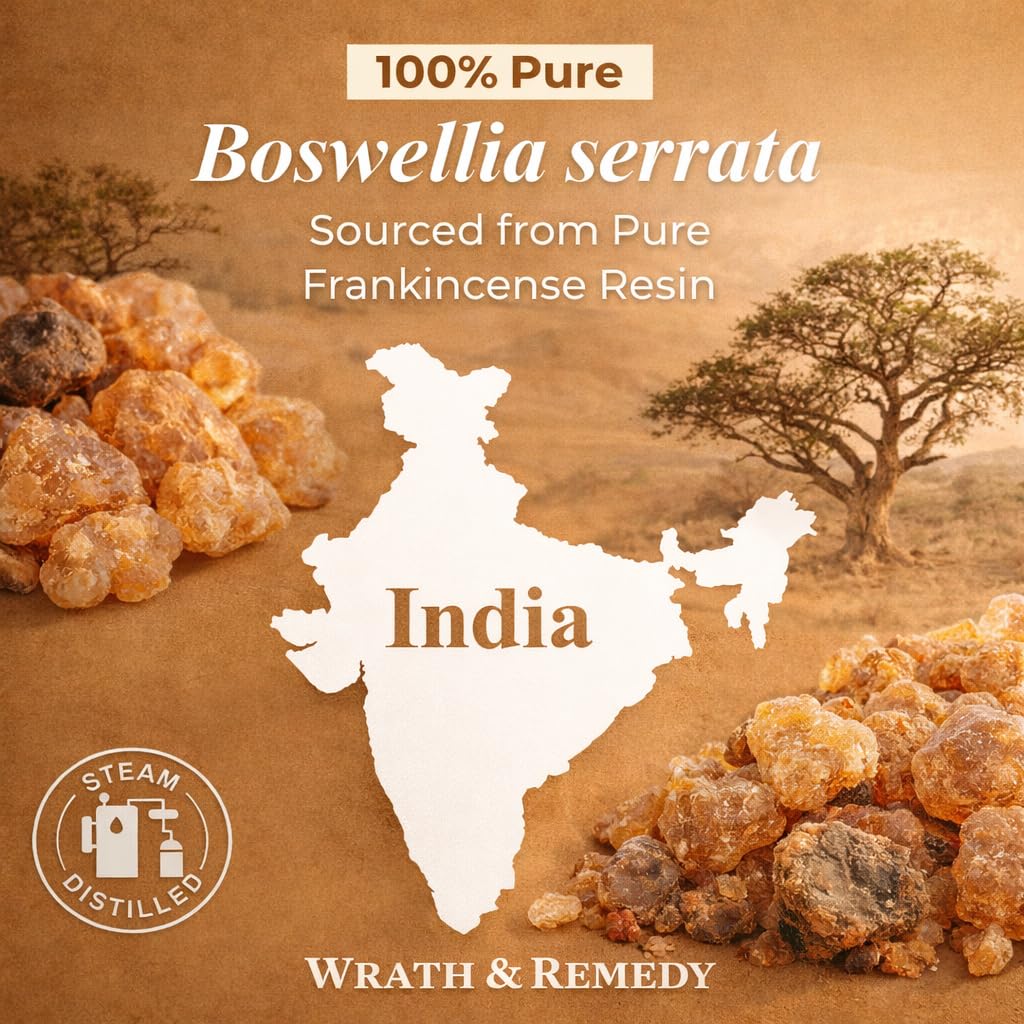Infographic on 100% pure Boswellia serrata frankincense resin sourced from India, with a map and a steam-distilled badge