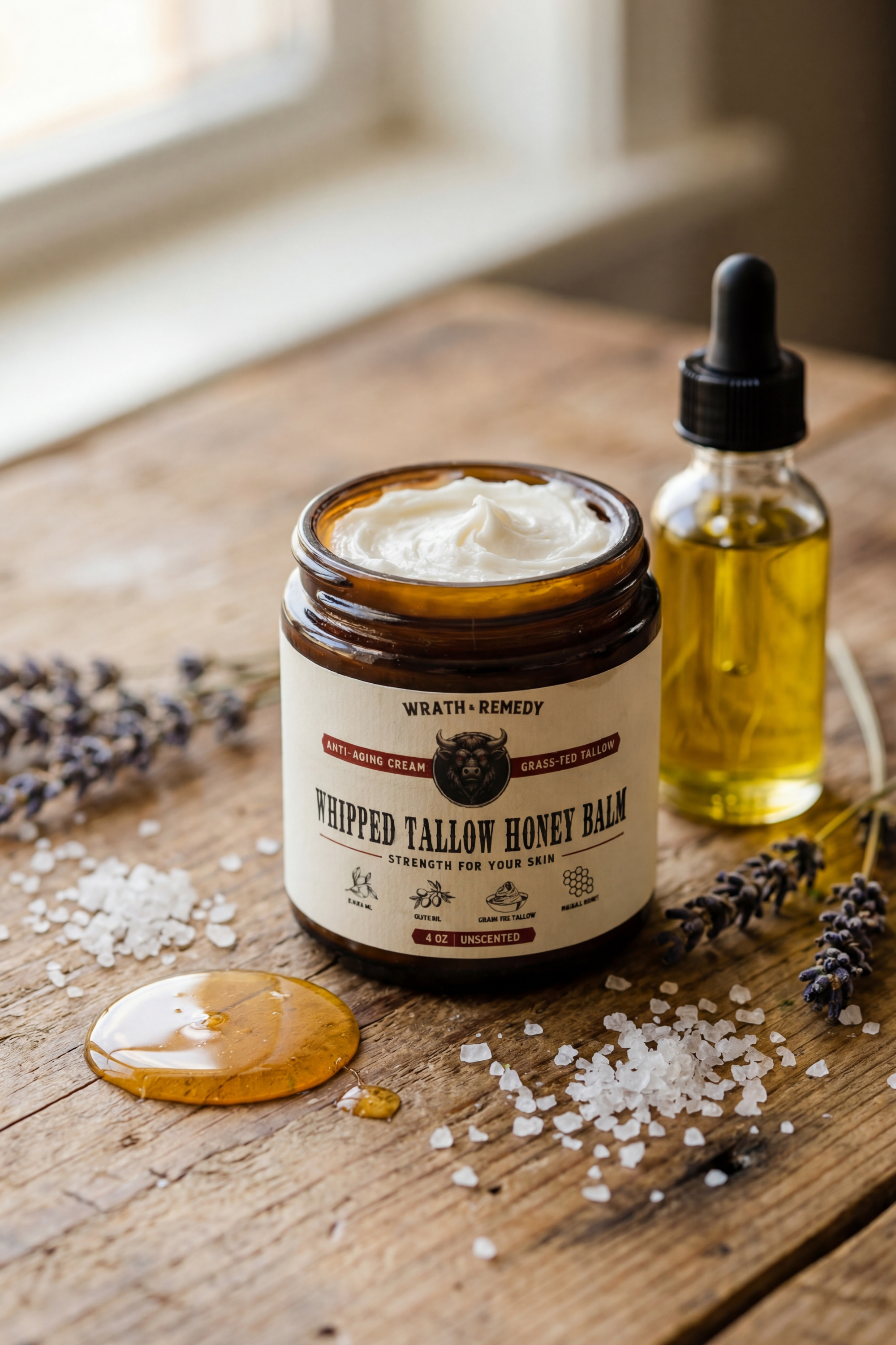 Jar of whipped tallow honey balm with a dropper bottle on a wooden surface.