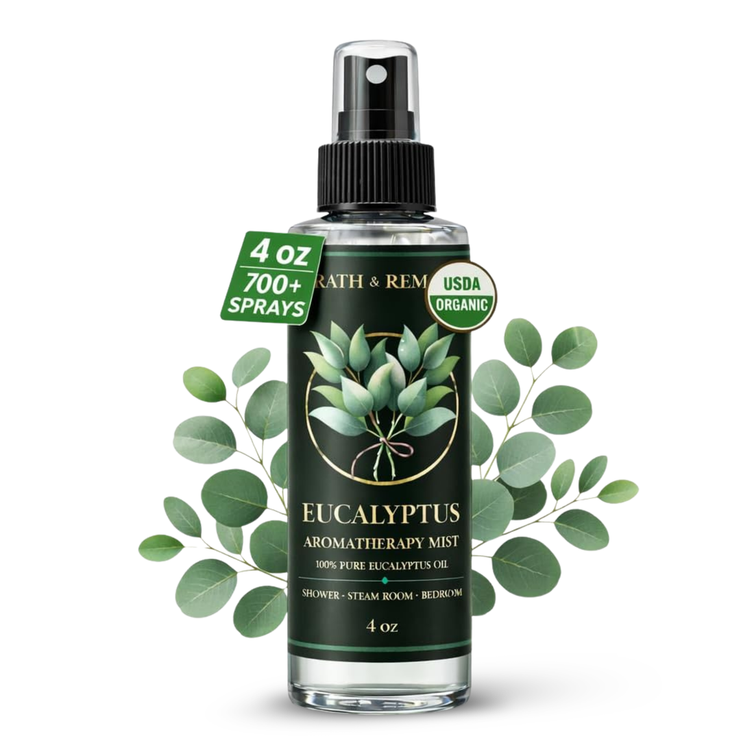 Wrath &amp; Remedy Eucalyptus Aromatherapy Mist spray bottle with fresh eucalyptus leaves, marked 4 oz / 700+ sprays and USDA Organic